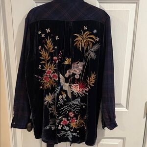 Johnny Was Velvet Back Embroidered Flannel Tunic Shirt